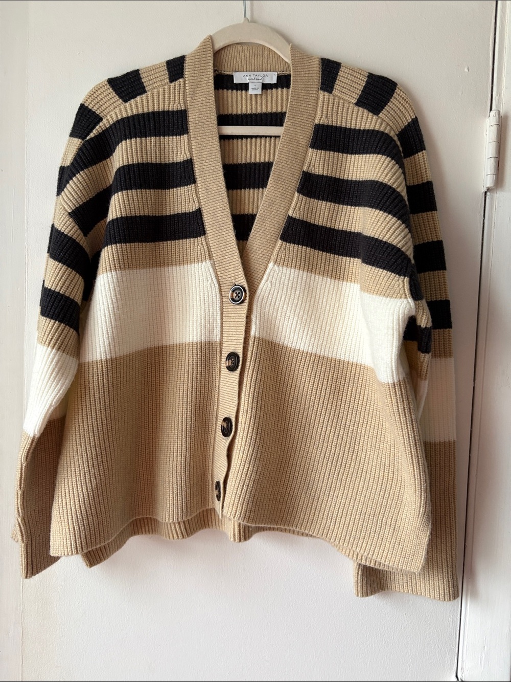 Ann Taylor Striped V-Neck Cardigan in Black, Cream & Beige